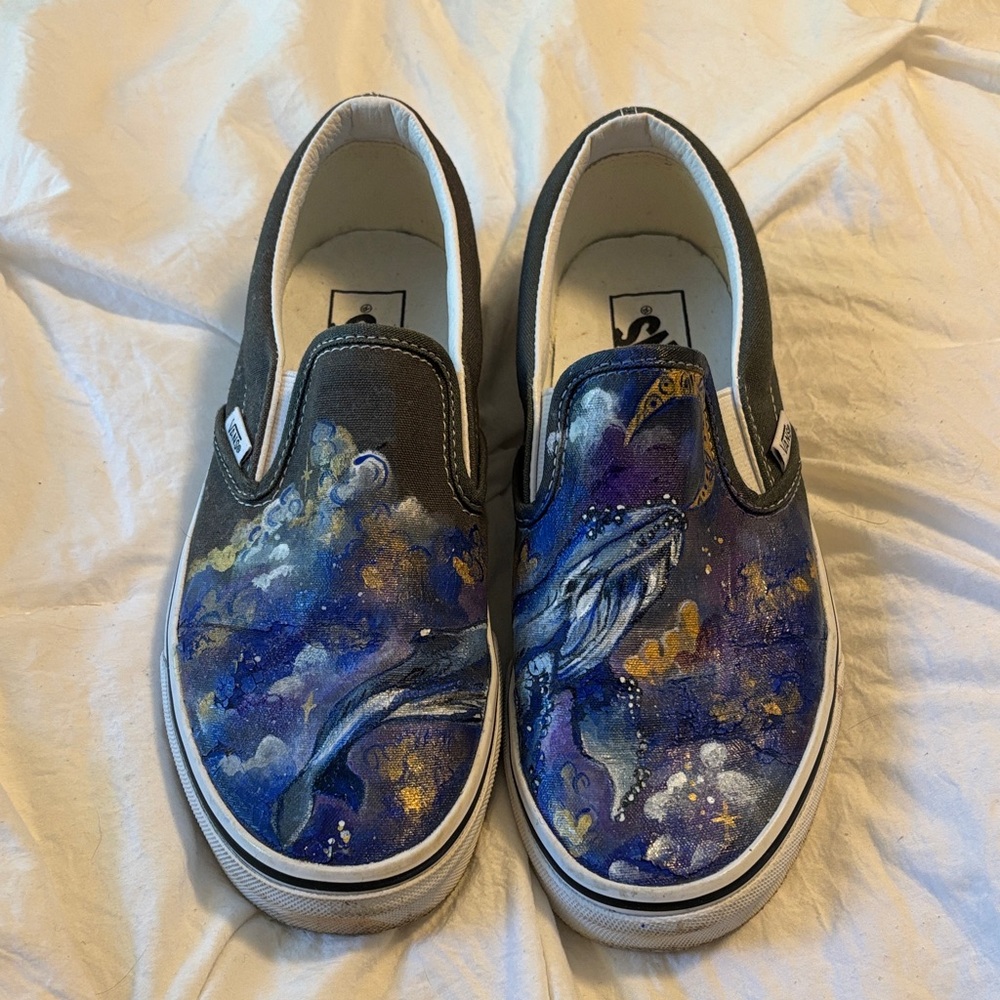 Vans Custom Painted Black and Blue Whale Sneakers